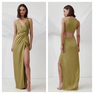 Lexi Clothing Marigold Maxi Dress Size 8 Green Satin Wrap Cut Out Back Gown
